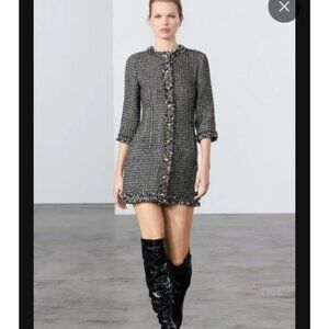 Zara Womens Dress Small S Black White Tweed 3/4 Sleeve Front Button 9769/655 NWT